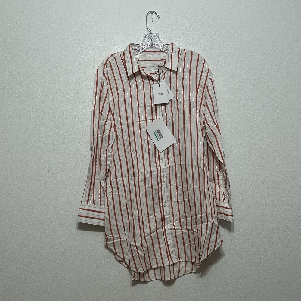 NWT Onia Long Sleeve Red White & Metallic Striped Button Blouse Pockets Womens M